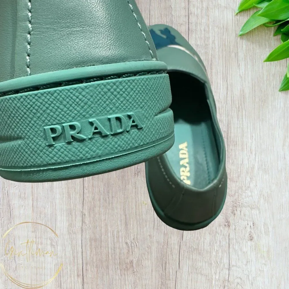 PRADA Sneakers Womans Leather Slip On EU SIZE 38.5 Blue/White/Green NWOT